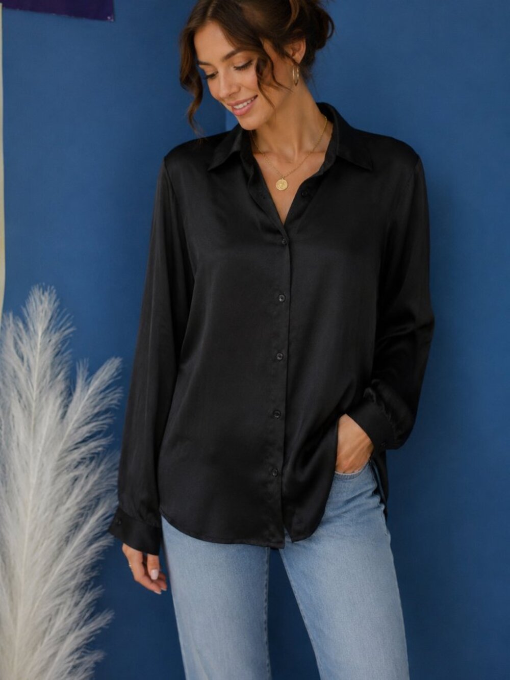 M by M Black Satin Button Front Blouse Women's Medium Long Sleeve Career Top